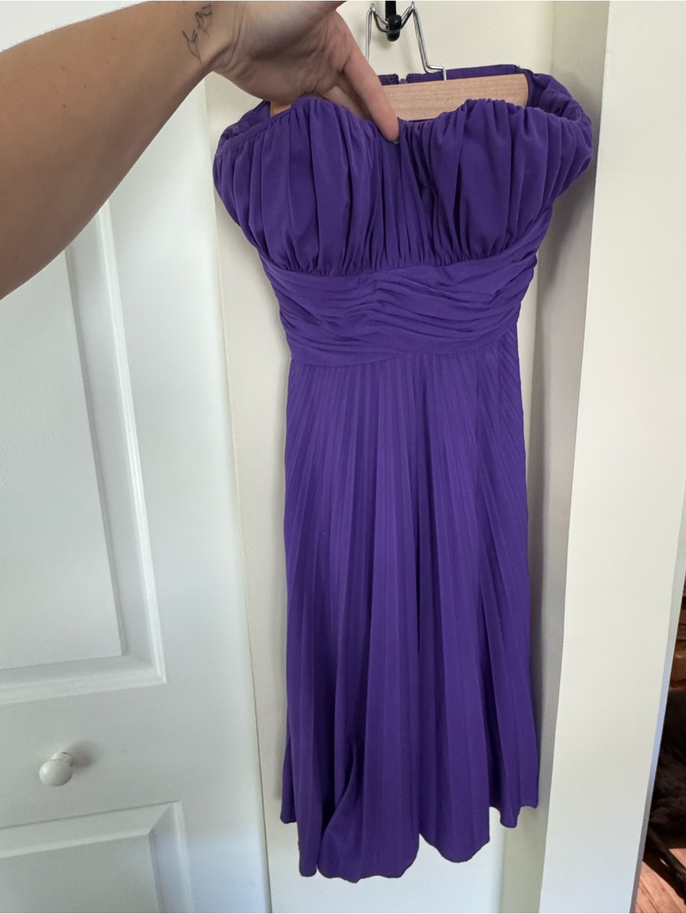 Max & Cleo Strapless Pleated Purple Midi Dress